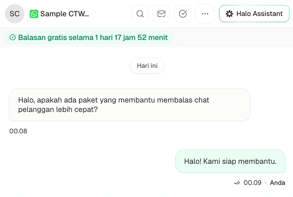 Penanda sisa waktu Free Entry Point Window di atas percakapan HaloAI